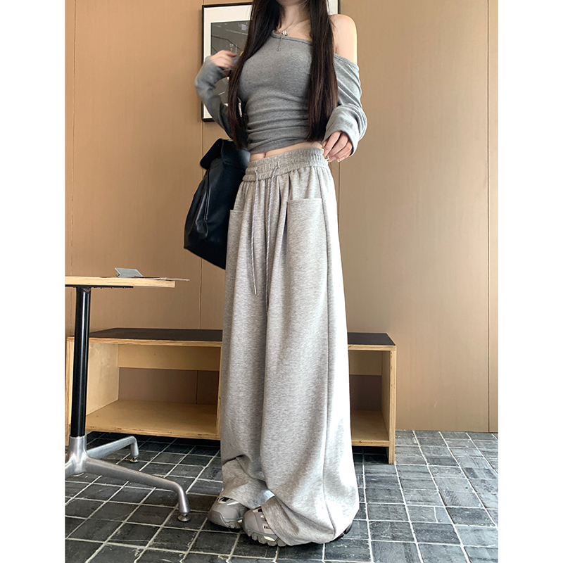 New spring drawstring wide-leg high waist drooping versatile casual sports pants