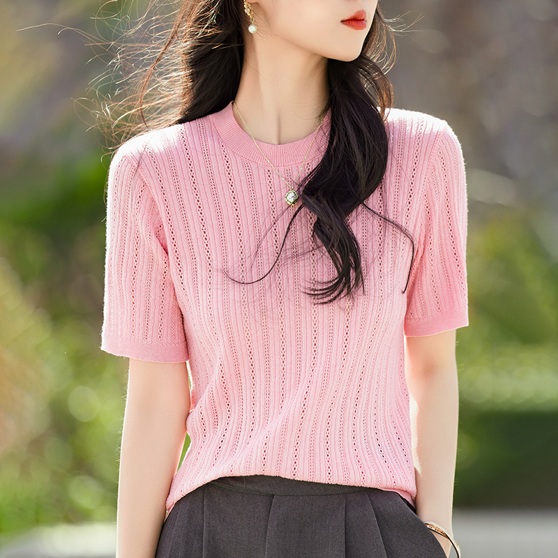 Pullover round neck short-sleeved cardigan thin summer inner and outer thin top looks very good knitted top for women