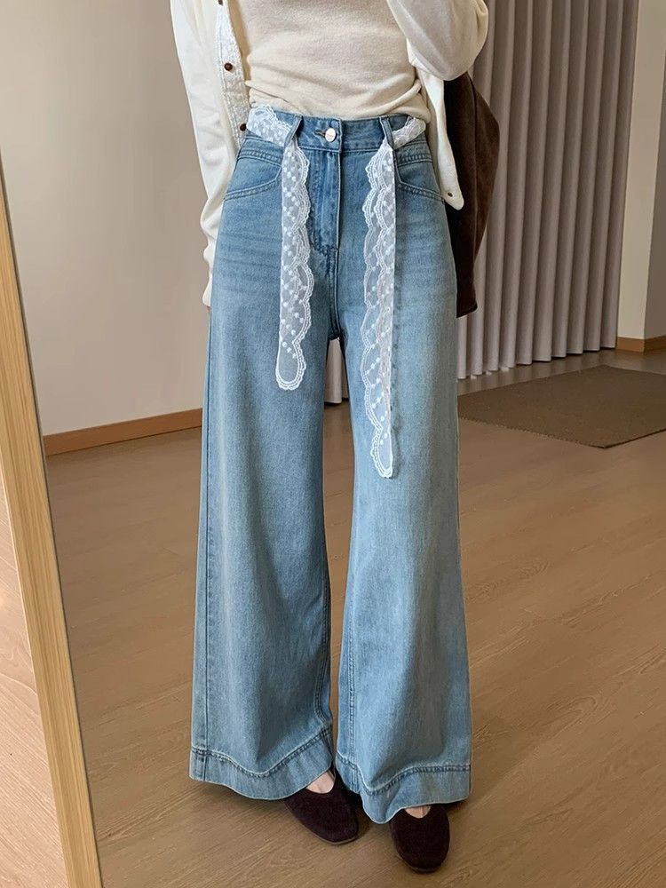 High-waisted slim lace tied jeans for women in spring and summer new age-reducing small versatile straight trousers trendy