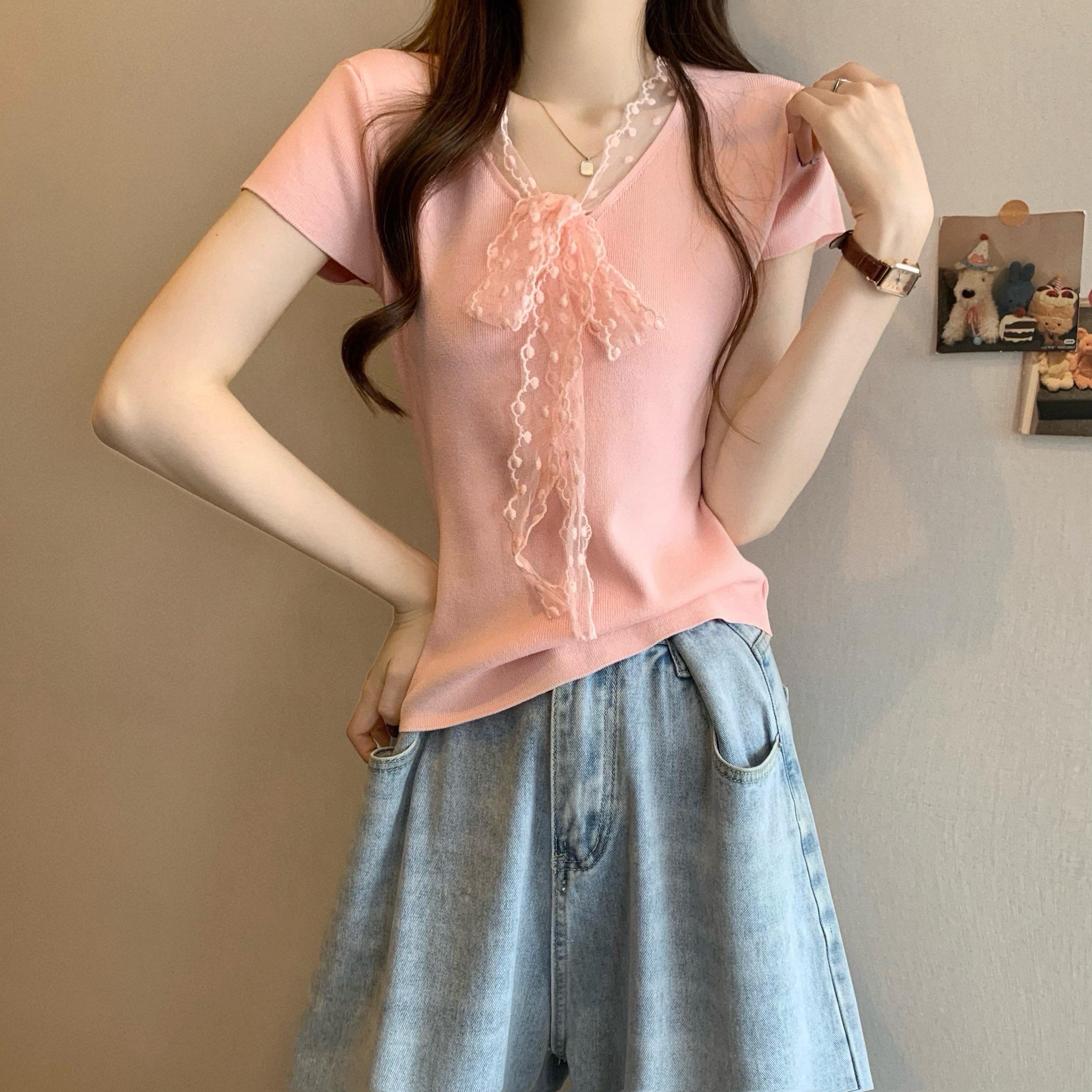 Real shot of the new Korean style design lace short-sleeved knitted sweater