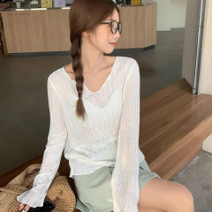 夏法式微透V領長袖女純欲薄防曬罩衫寬鬆T恤上衣空調衫