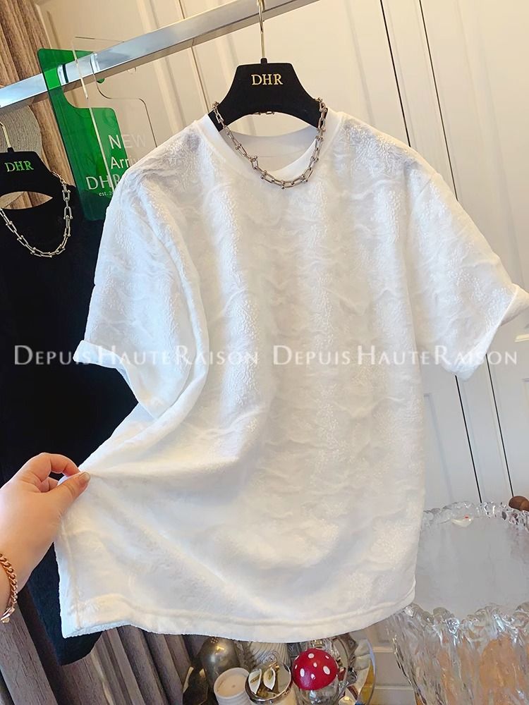 Original fabric extra large size 240 catties French temperament texture sweet age-reducing short-sleeved T-shirt