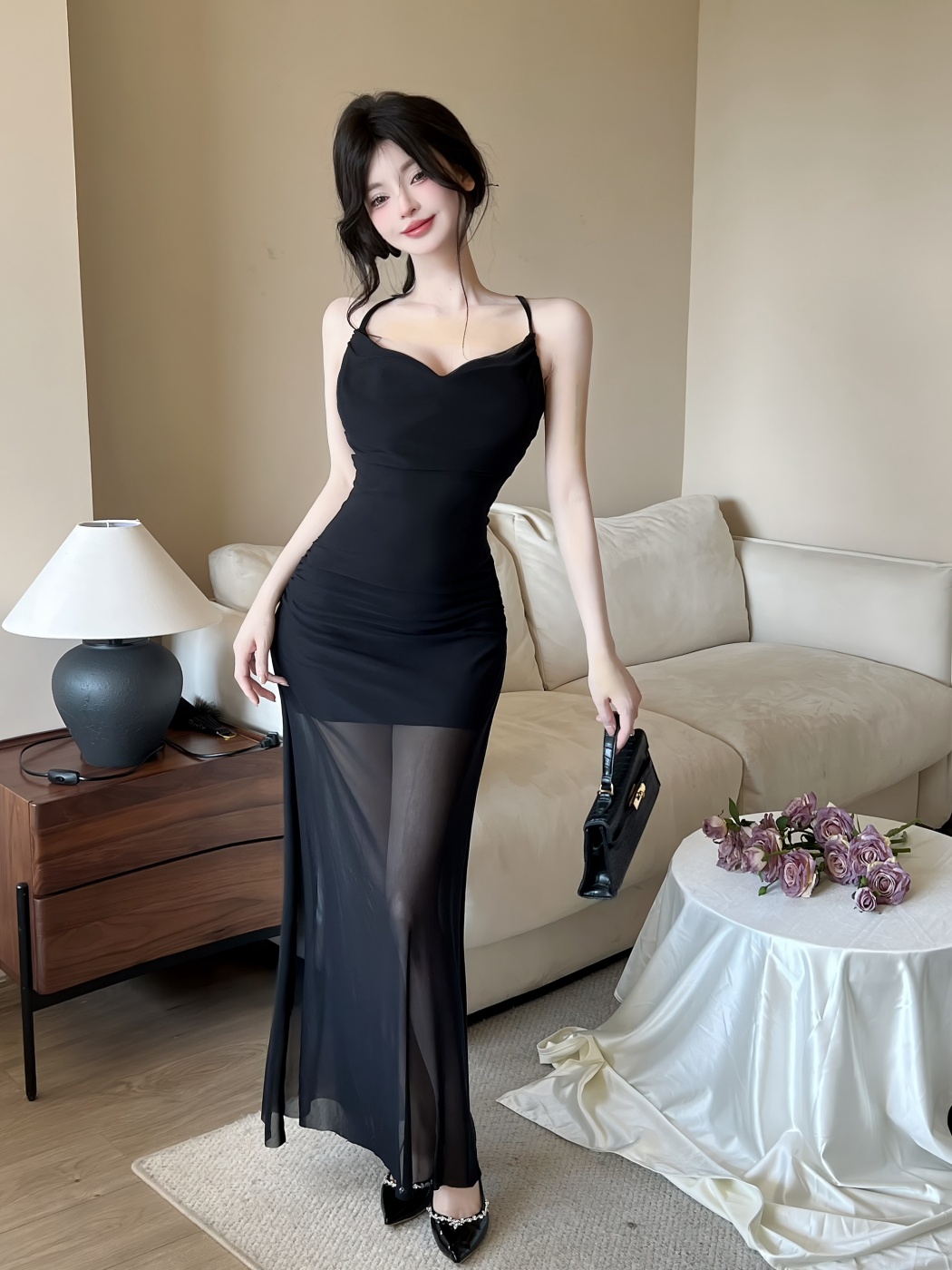 Real photo of hot girl mid-length irregular hem suspender dress
