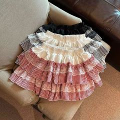 Korean chic sweet pumpkin lace plaid puffy skirt puffy skirt cake slim high waist skirt girl