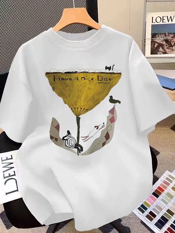 Pure cotton women's short-sleeved T-shirt for women 2025 spring and autumn fashionable age-reducing cartoon printed round neck top