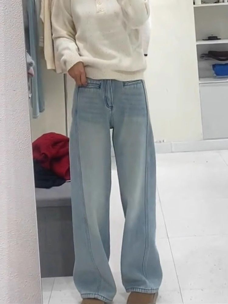 Light-colored wash retro design one-piece pocket wide-leg jeans for women in spring and autumn new high-waist straight-leg trousers