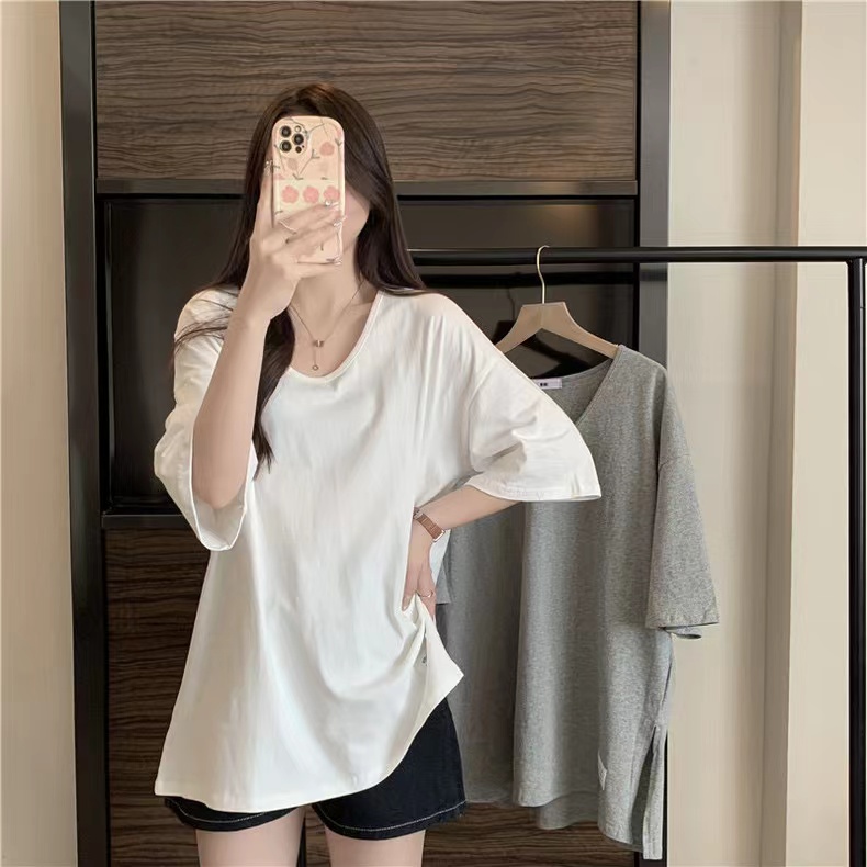Real-life pure cotton hem slit short-sleeved T-shirt for women's mid-length half-sleeved top