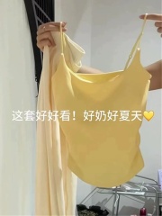 非實拍 多巴胺穿搭絕美褶皺收腰顯瘦帶胸墊吊帶背心黃色上衣