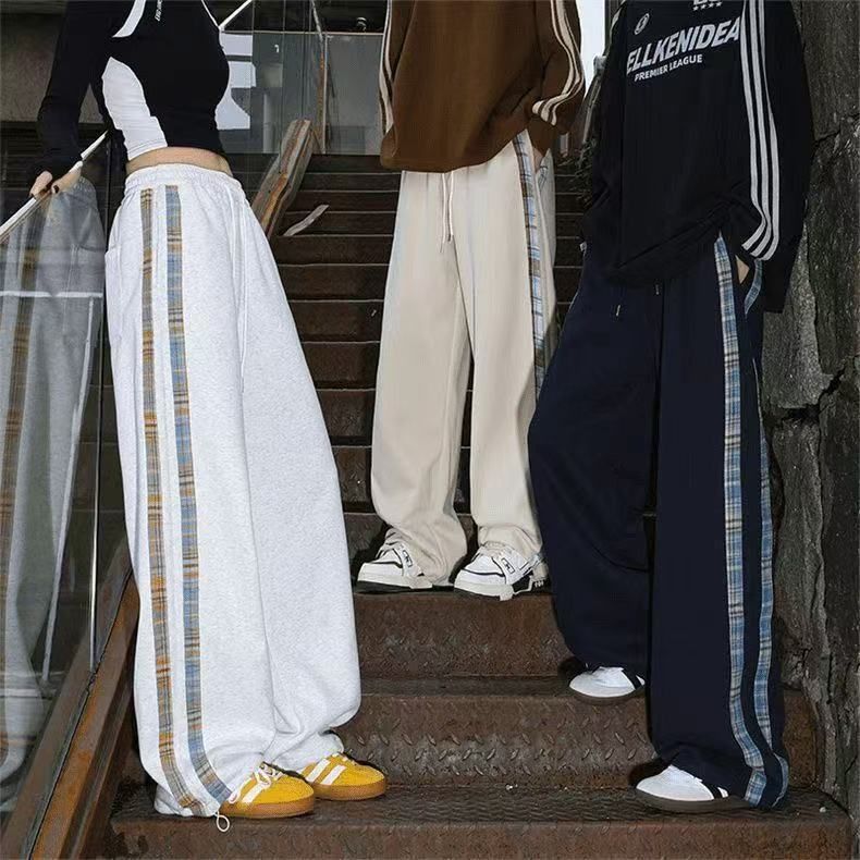 Side splicing plaid casual pants for women's pants loose bf lazy style sports sport pants