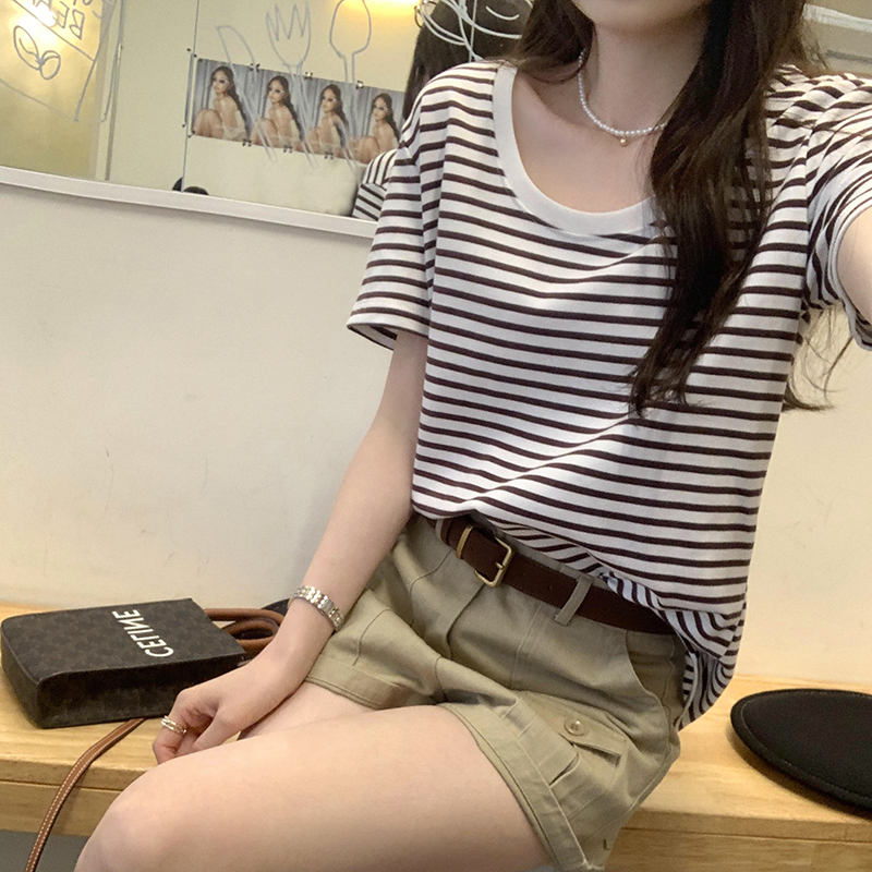 Real photos Korean temperament design and loose striped short-sleeved T-shirt for women 2025 new unique super beautiful top