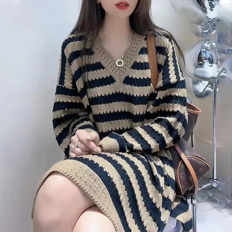 Early autumn new striped knitted sweater dress for women fashion versatile base skirt Korean loose mid-length sweater trendy