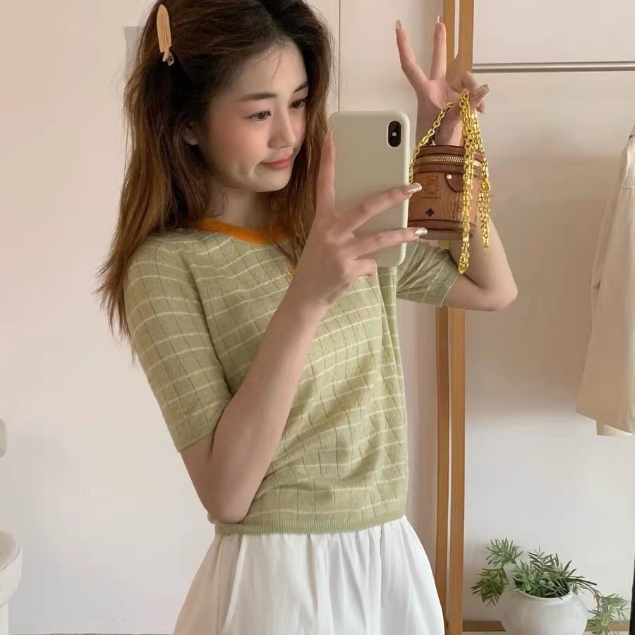 Yang Heihei Korean embroidered knitted striped T-shirt for women, 25 spring and summer new style, red edge round neck T-shirt top