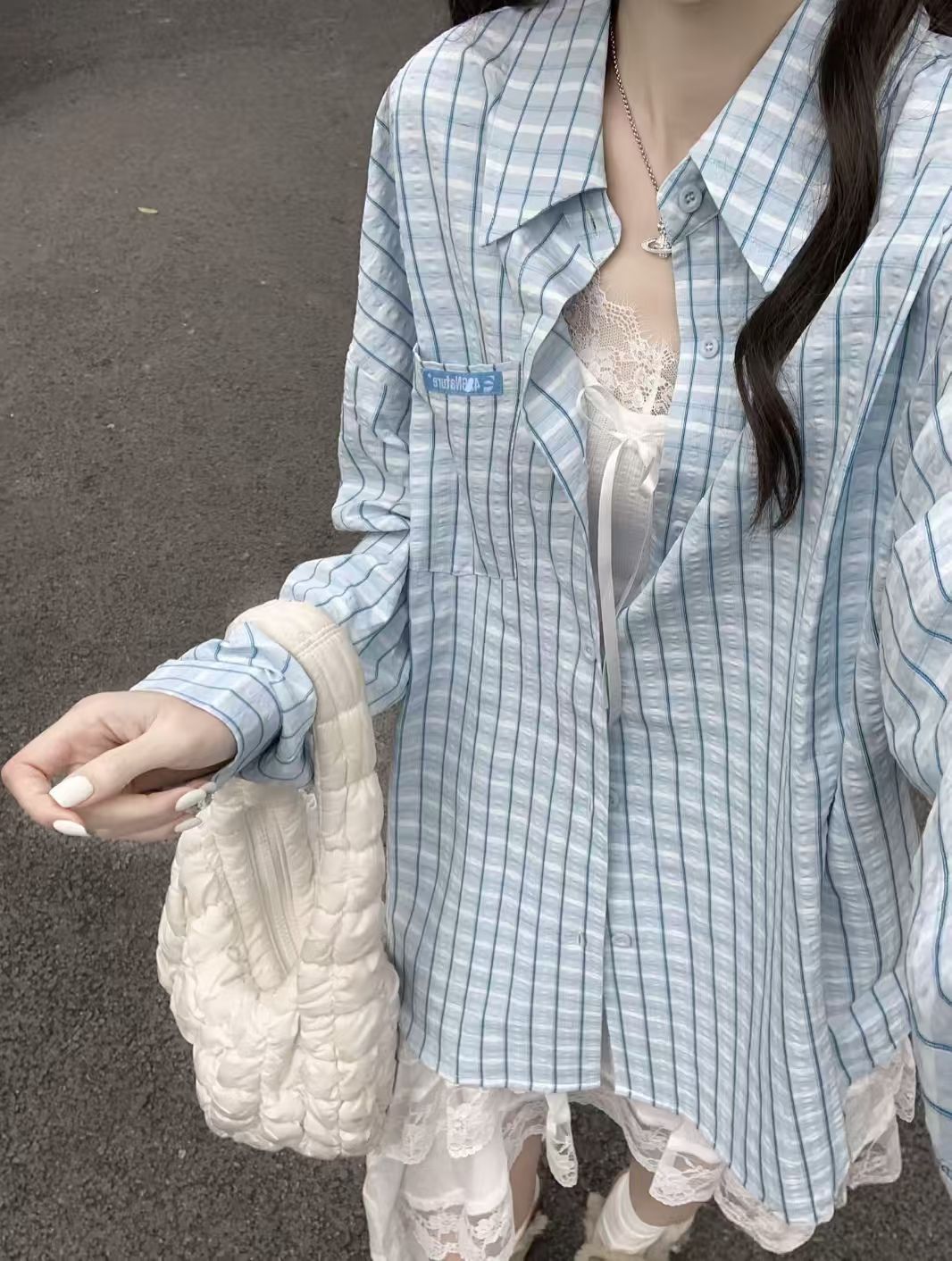 非實拍韓系設計感小眾藍色格子襯衫防曬外套薄款寬鬆長袖襯衣