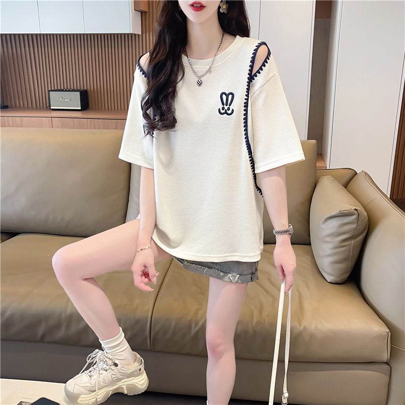 實拍 提花華夫格露肩短袖T恤女裝夏季新款設計感寬鬆大碼上衣