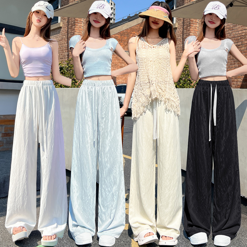 實拍蕾絲抽繩冰絲棉麻闊腿褲女夏季高腰垂感慵懶風寬鬆休閒拖地褲