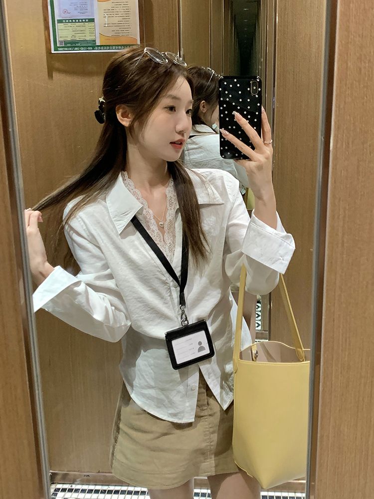 Gao Zhifeng long-sleeved lapel lace white shirt retro layered versatile design to make you look slim and waist-hugging top