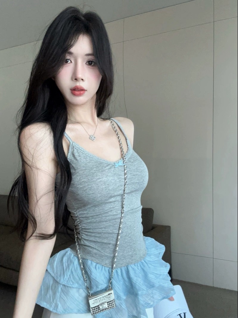 人棉260克荷葉邊蓬蓬吊帶背心女外穿夏季泰式辣妹v領抹胸小上衣