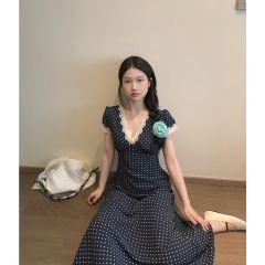 Large size French V-neck lace spliced ​​dress for women polka dot temperament waist-hugging long skirt