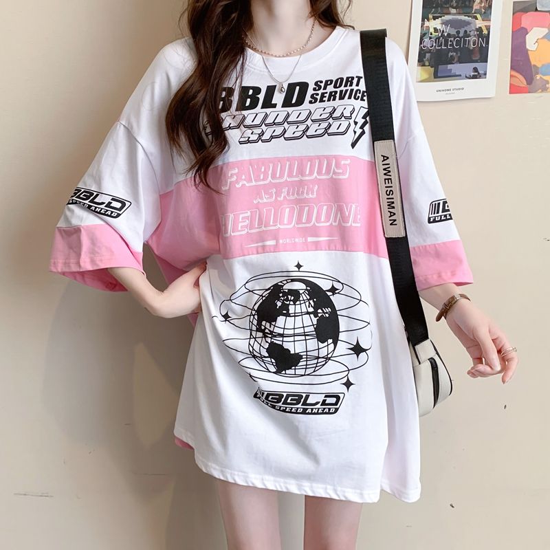 首發100%純棉/後包領印花寬鬆T恤女夏季撞色拼接袖減齡上衣外穿