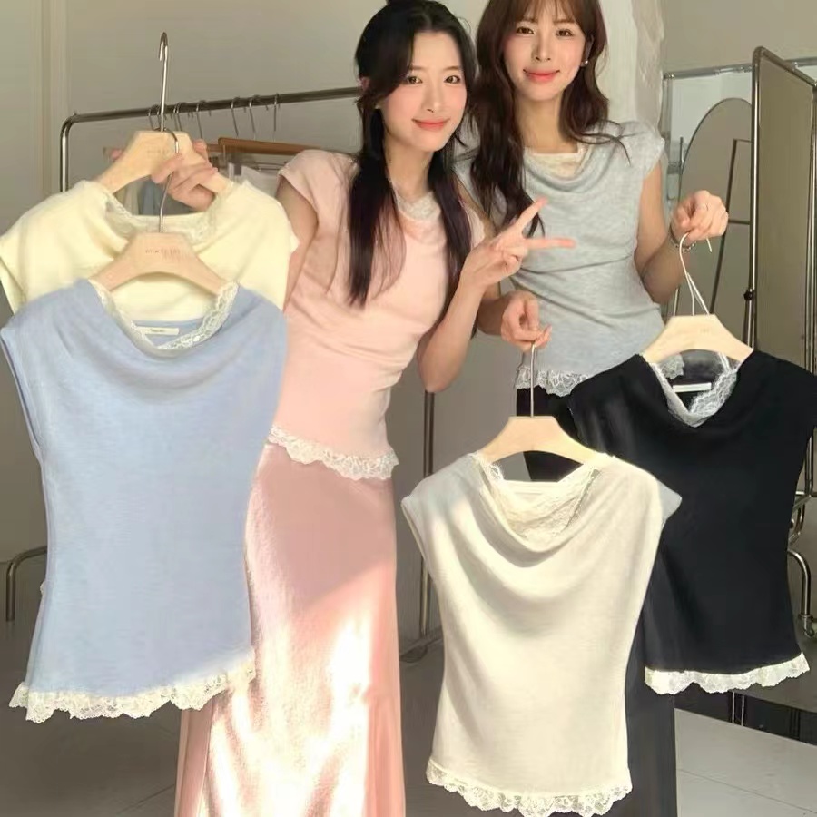 Korean chic unique outfit gentle style splicing lace knitted vest design sense two-piece top for women