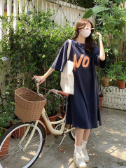 Pure cotton T-shirt skirt for women in summer Korean style loose short-sleeved long skirt simple fashionable dress