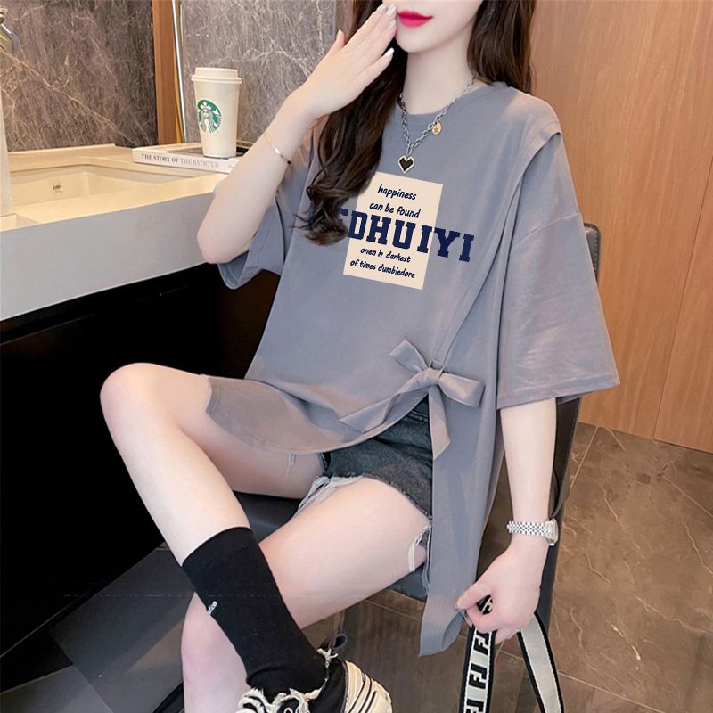 100%純棉綁帶純棉短袖T恤女不規則開叉設計感印花寬鬆上衣潮