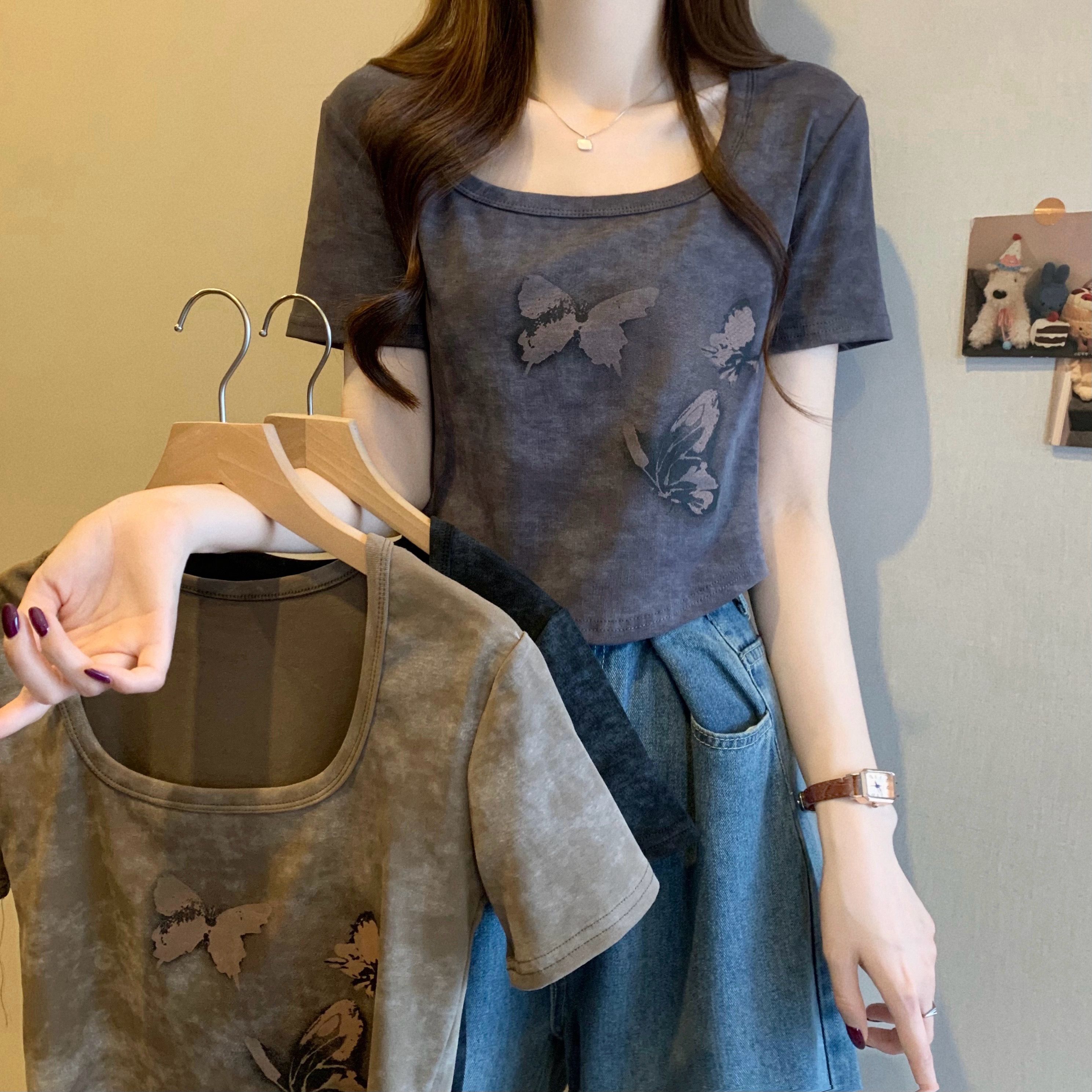 Real shot, new Korean style design, tie-dye slim butterfly short sleeve short T-shirt