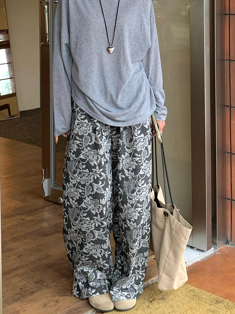 Korean Hong Kong style retro jacquard design straight wide-leg pants summer high-waist casual lazy loose floor trousers