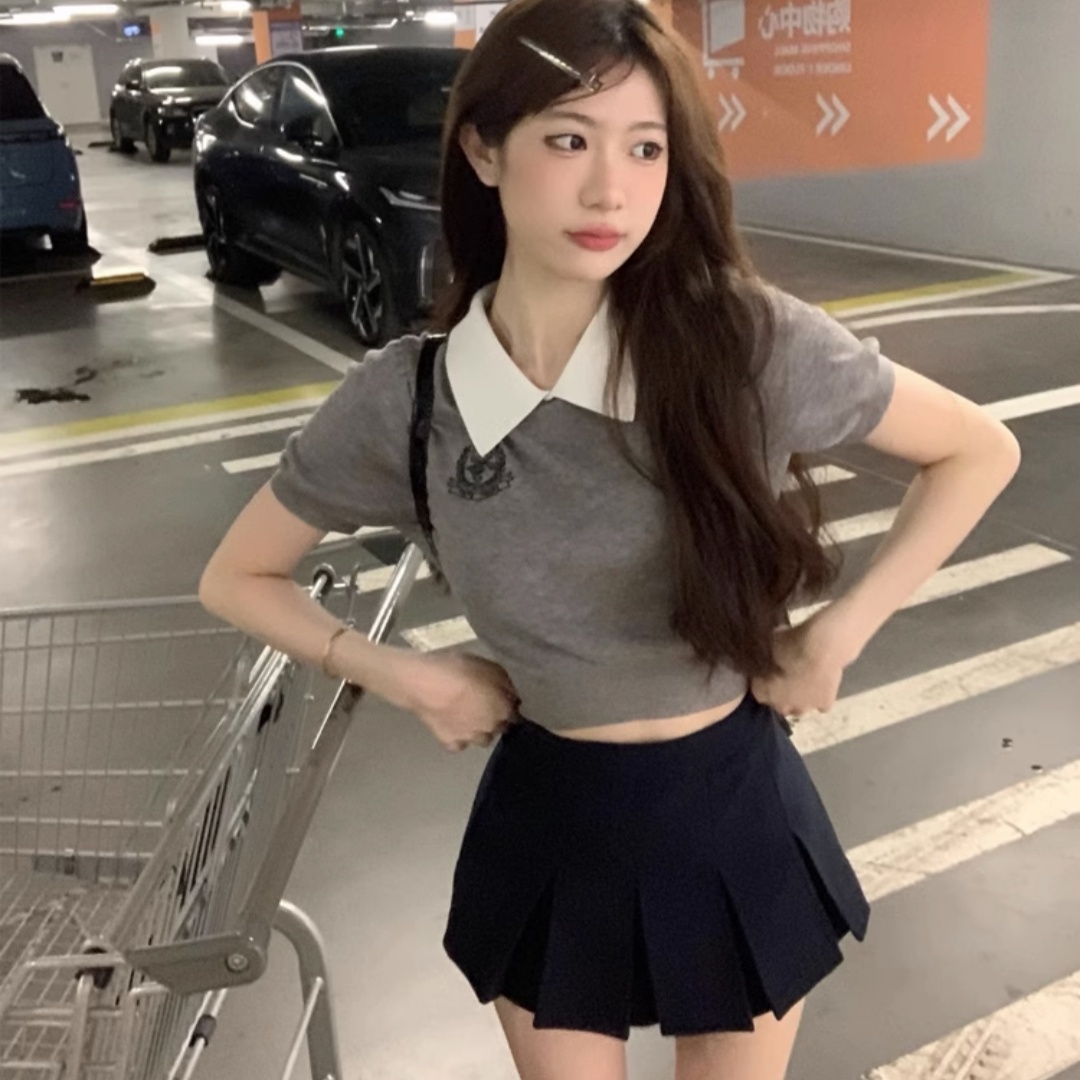 甜美溫柔短款假兩件短袖T恤上衣女夏季學院風刺繡短款針織衫上衣