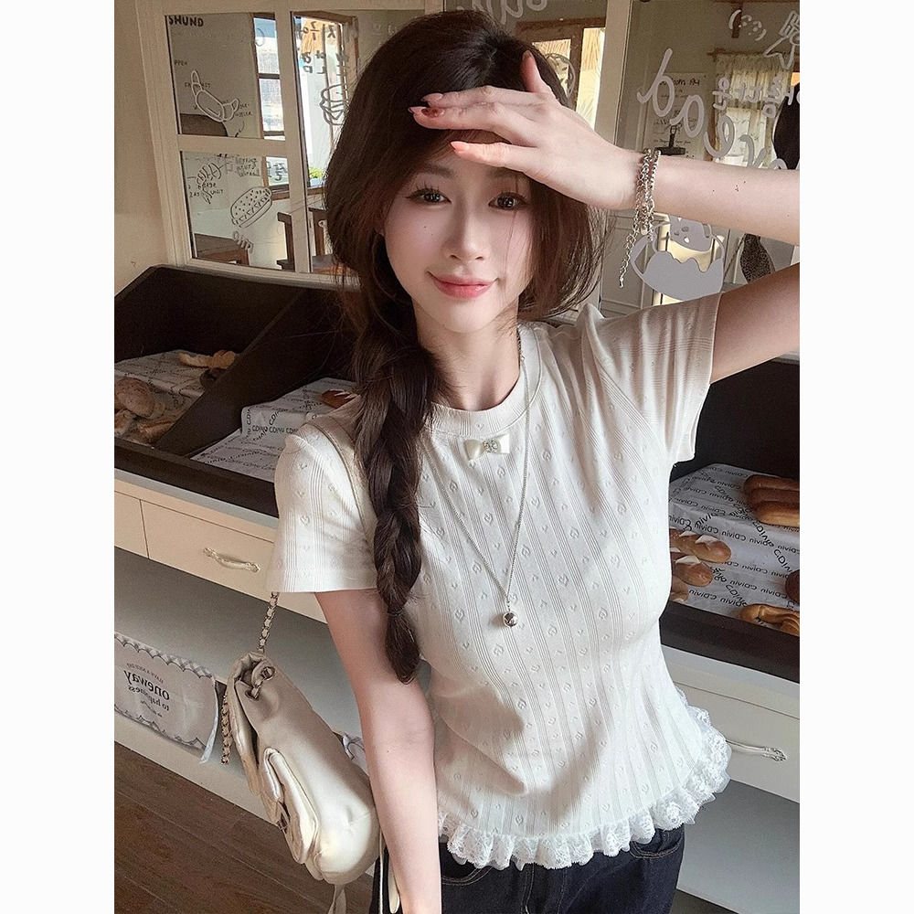 Korean chic summer new design niche retro pure sweet lace splicing short-sleeved T-shirt for women