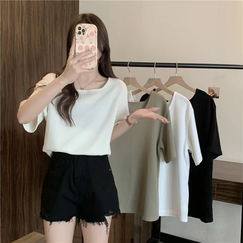 Real shot of 6535 cotton waffle square collar waffle loose slim and versatile half-sleeved top