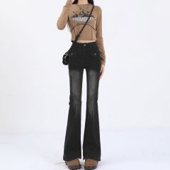 Personalized high street micro-flare jeans for women in spring and autumn new style slim high waist design horseshoe flared jeans trendy