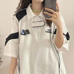 220g cool silk cotton vermill loose American retro mountain racing lapel short-sleeved T-shirt contrasting polo shirt for men and women