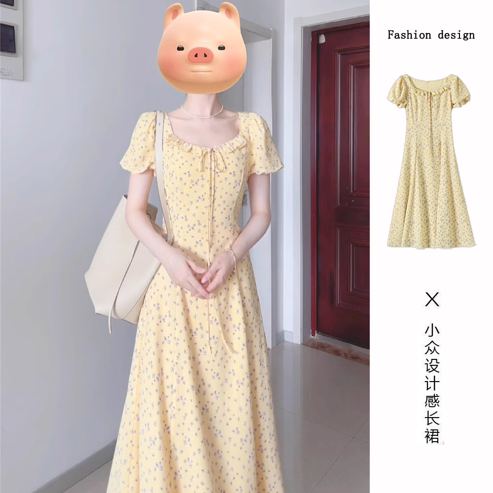Korean French romantic atmosphere yellow floral dress new design V-neck waist slim dress