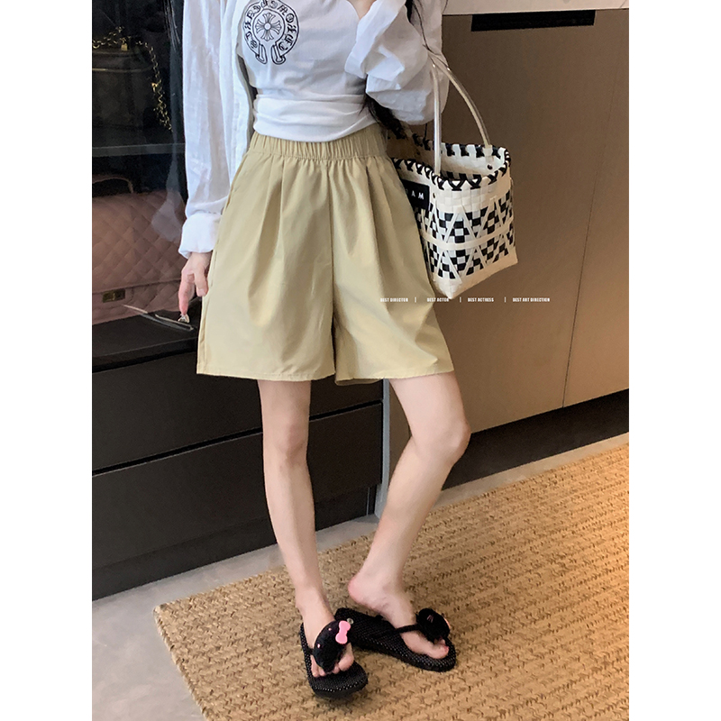 Real shot!  2025 loose elastic waist shorts slimming wide-leg pants straight solid color casual pants for women