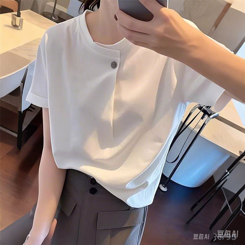 Pure cotton 95 cotton 5 spandex new unique and super beautiful one-button design short-sleeved T-shirt top for women 2025 spring and summer