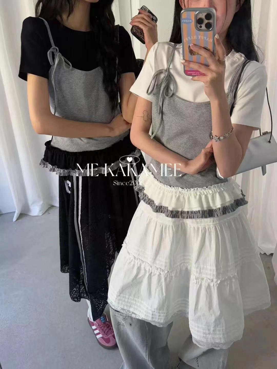 KAKAMEE Spring 2025 new Korean style spliced ​​sweet hot girls niche black ear folding suspender short-sleeved T-shirt for women