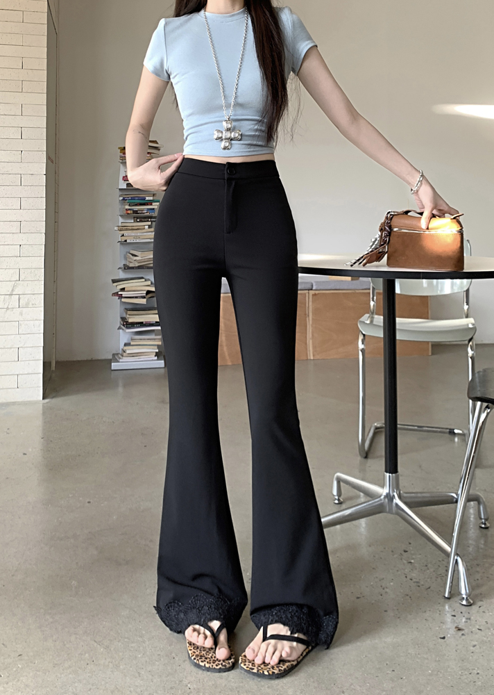 Real shot of black temperament spliced ​​lace lace slim and slightly slim casual pants