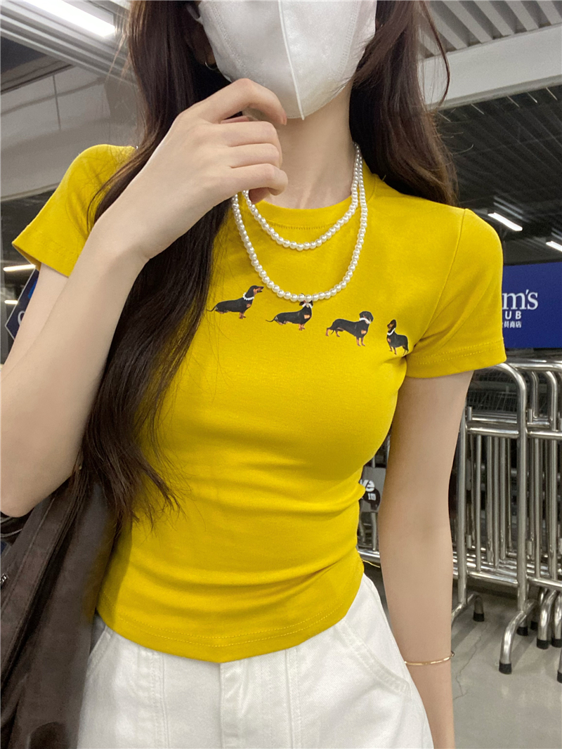 Real shot of casual design-sensory printed short-sleeved T-shirt for women short niche vegetarian tops ins trendy