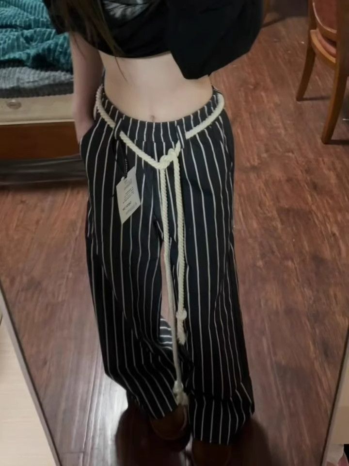 American retro striped casual pants for women in spring new simple and fashionable loose slimming straight wide-leg pants