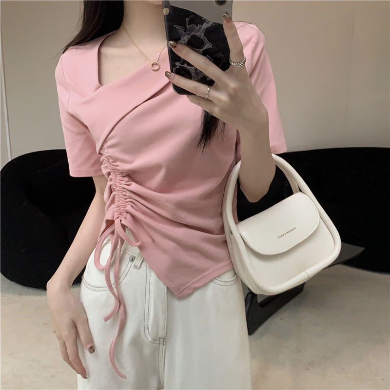 Real shot Real new summer irregular drawstring short-sleeved T-shirt top for women