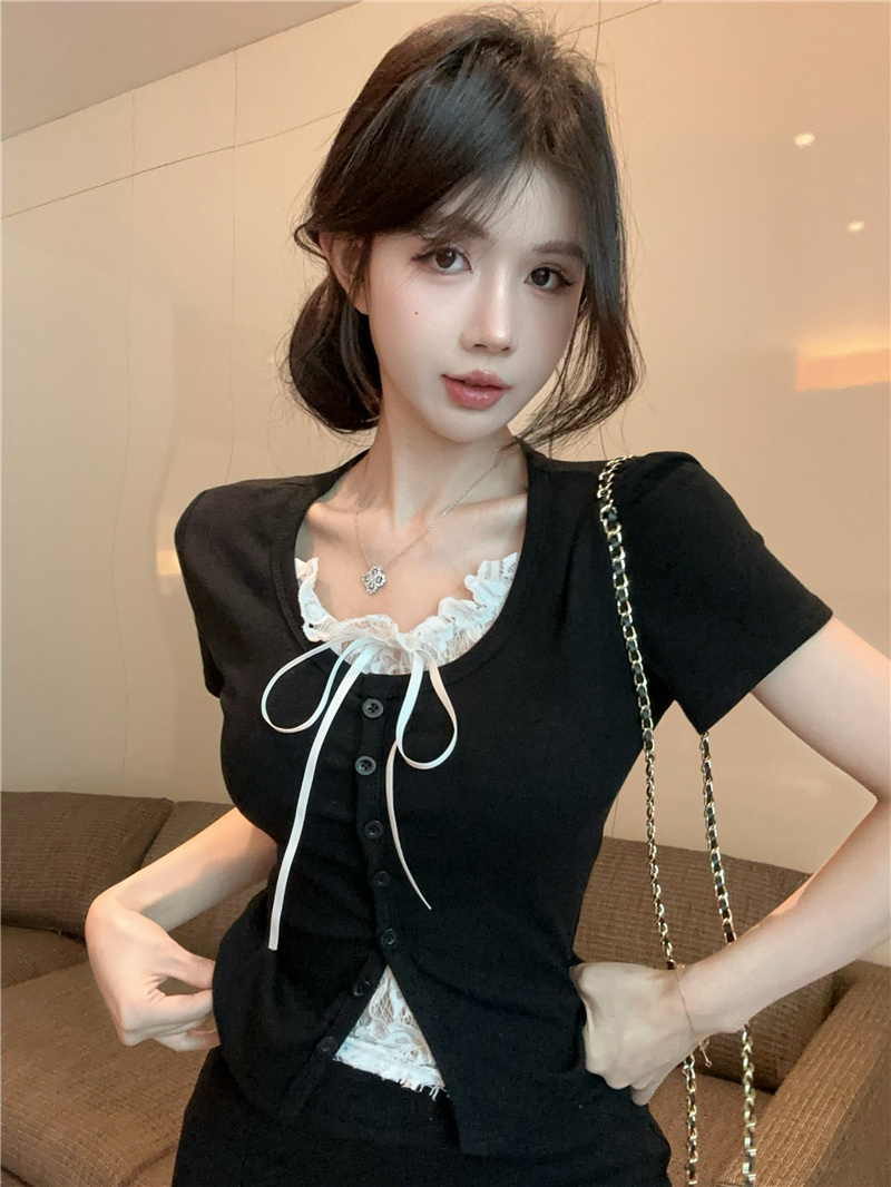 實拍~純欲bm風假兩件短袖T恤打底衫女夏季高級感拼接蕾絲上衣