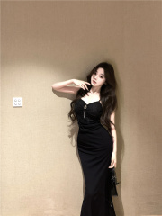 Actual shot~ French high-end sexy fishbone lace bralette dress summer temperament noblewoman waist-cinching long dress