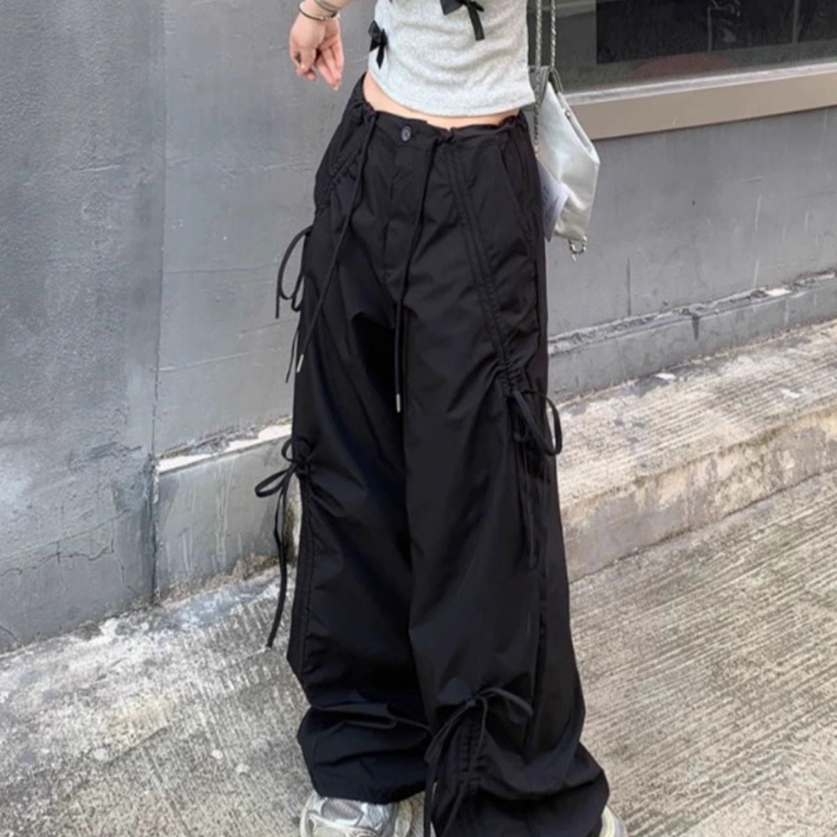 Sweet and Cool Drawstring Design Work Pants for Women, Summer Streetwear Casual Butterfly Knot Belt Loose Slimming Straight Leg Pants Trendy