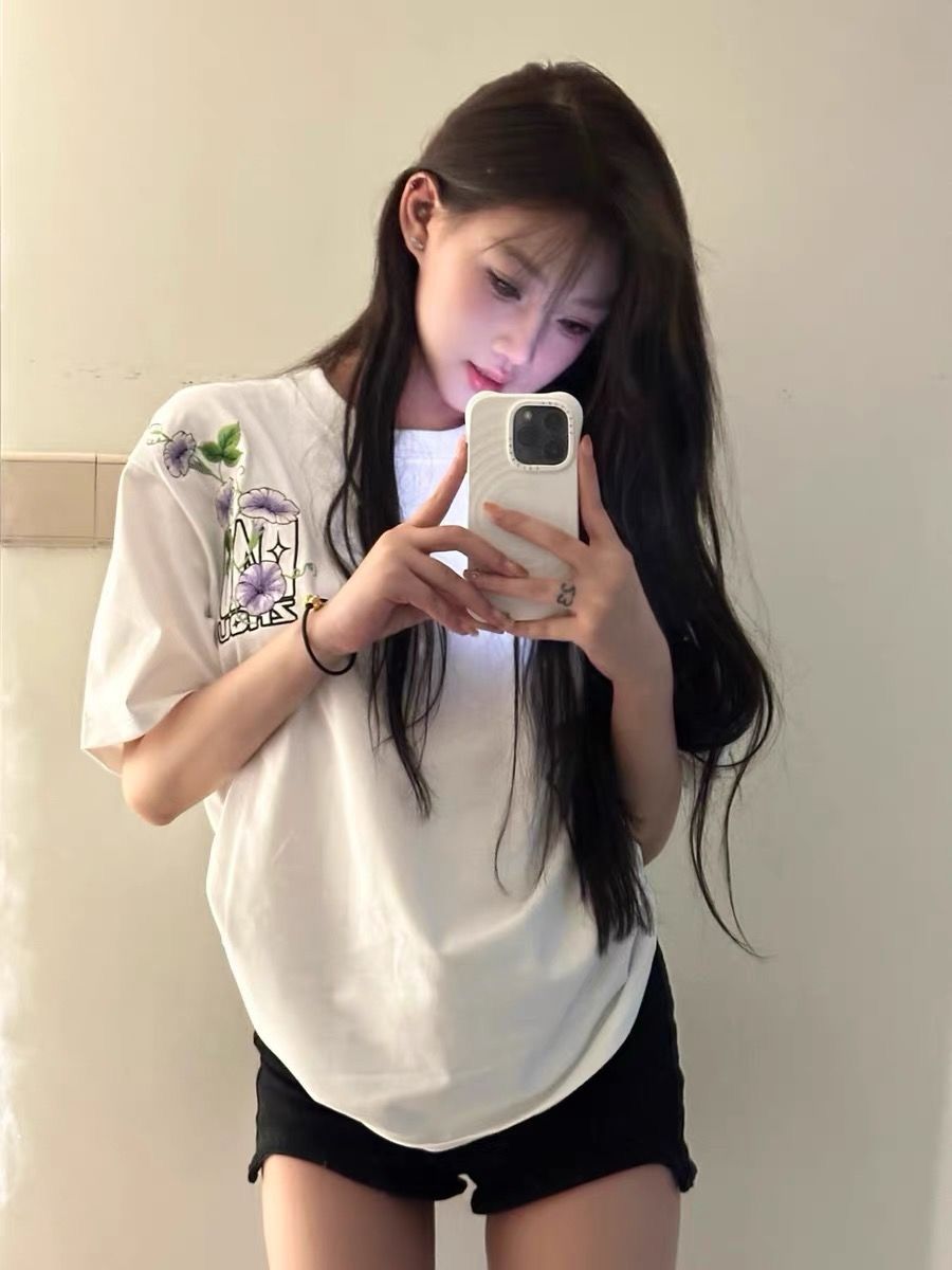 Original embroidery Size genuine pure cotton 210g Combed tight flower plant casual loose short-sleeved T-shirt for women