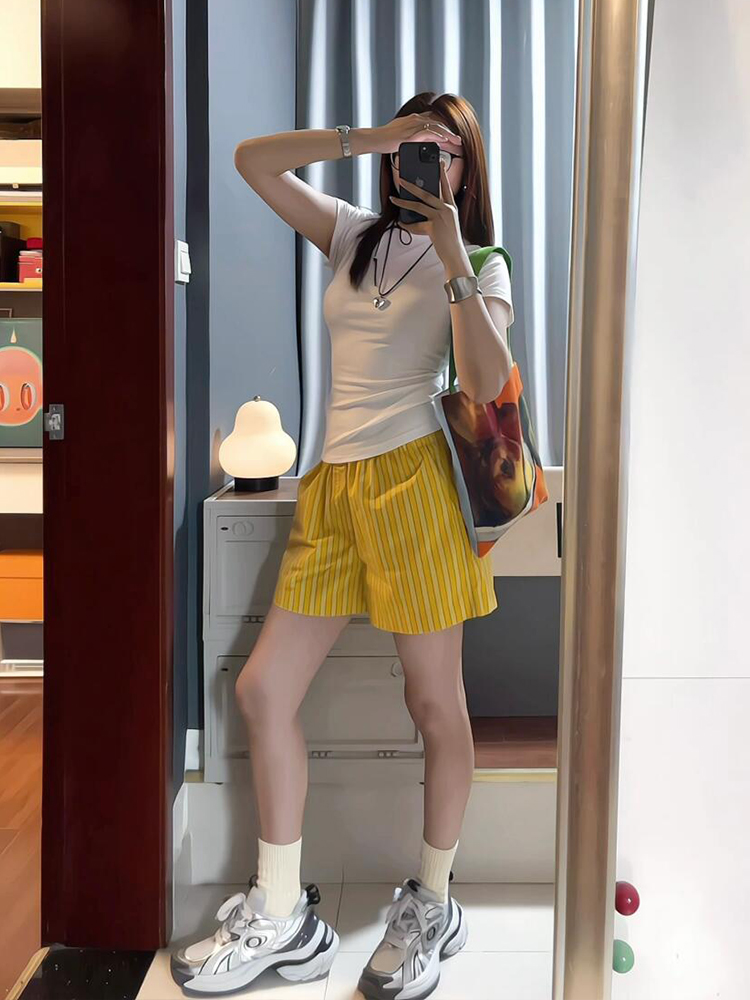 Korean yellow striped shorts for women in summer new style thin small loose high waist versatile sports and casual wide-leg pants