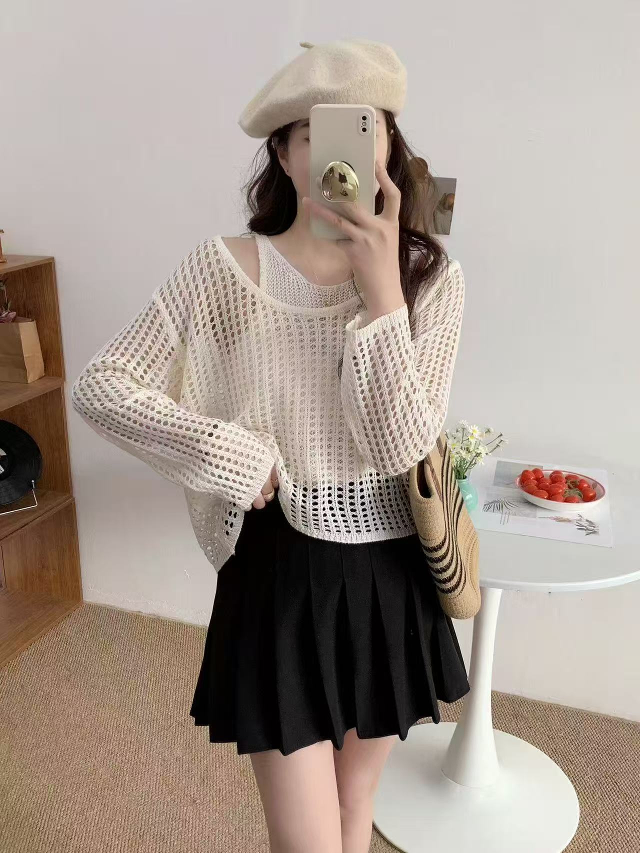 2025 New Two-Piece Hooded Loose Top Thin Mesh Sheer Sun Protection Knit Coverall for Women Air Conditioning Shirt