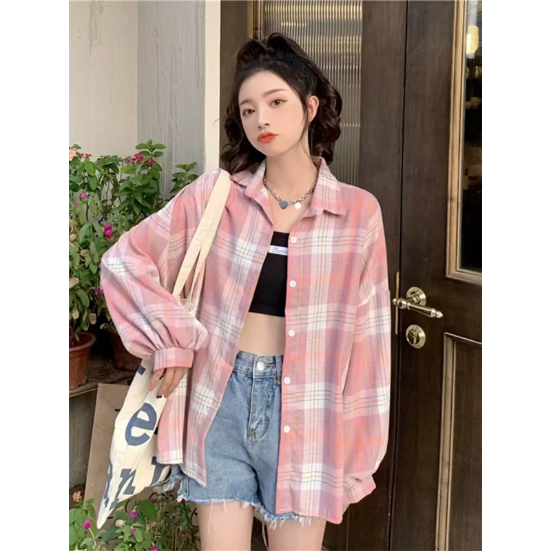 Pink plaid sweet spring and autumn shirt jacket long sleeve new loose Korean style lazy top design sense for women
