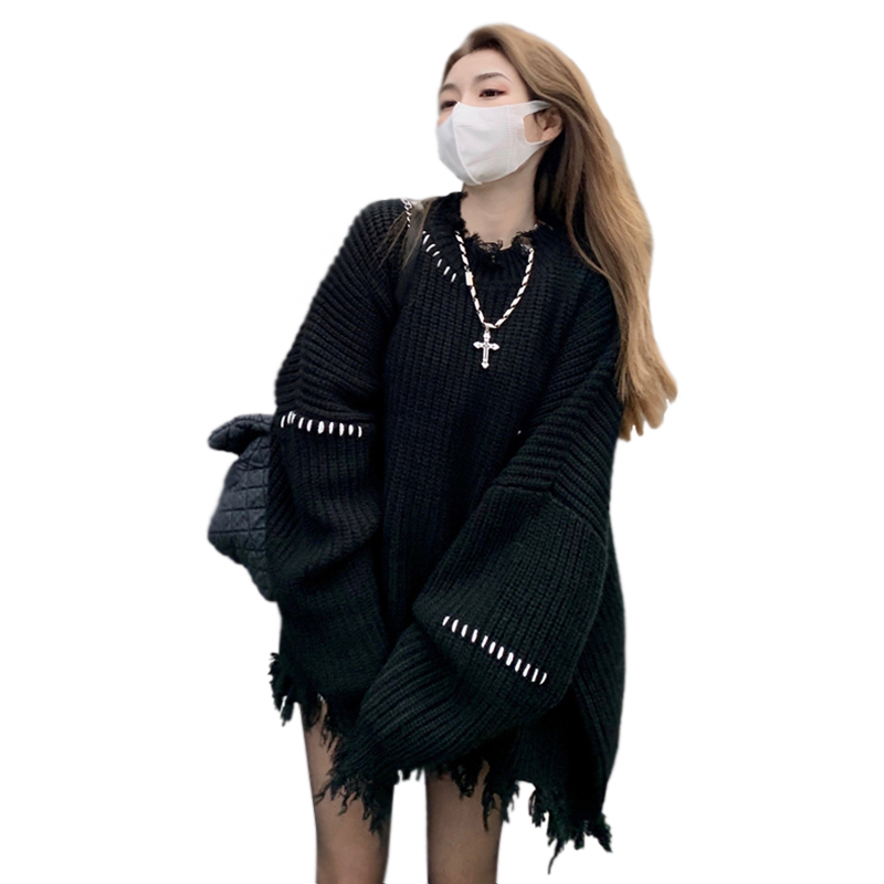 Design-sensual niche lazy style black sweater for women's base spring new mid-length loose top