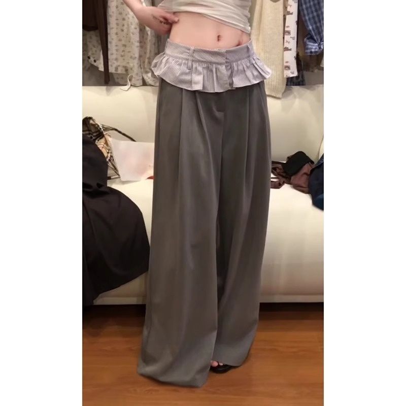 Korean chic suit waist fake two-piece butt curtain wide-leg pants summer 2025 this year's new straight-leg mopping pants